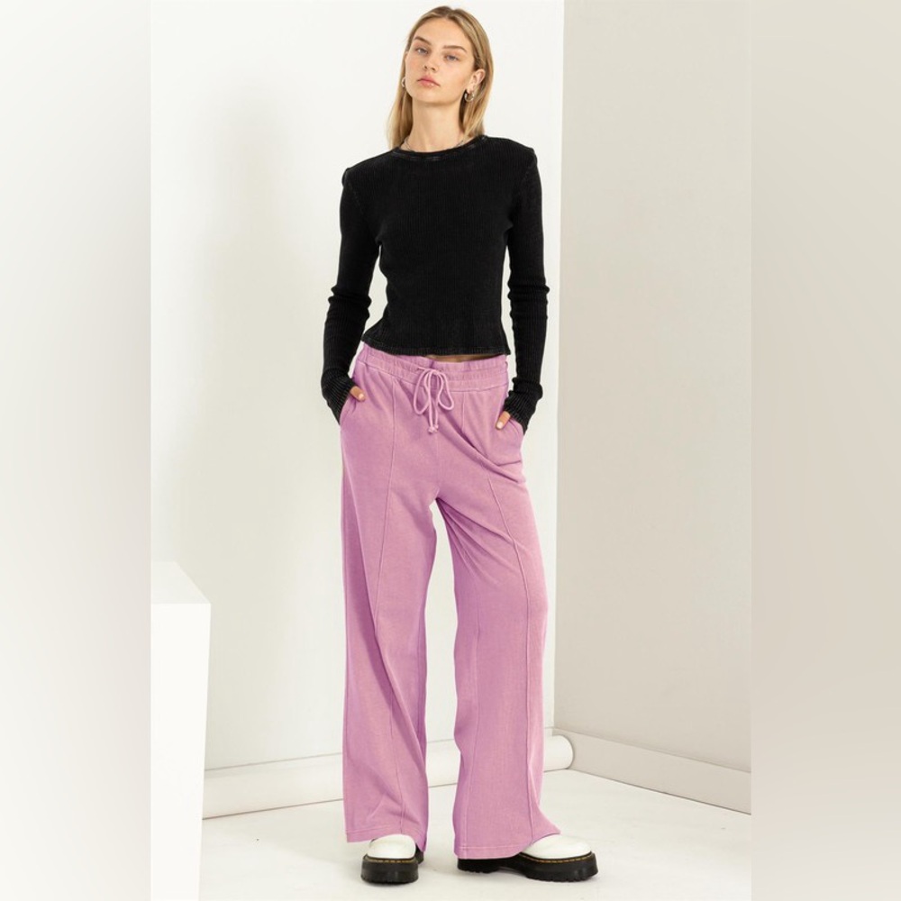 242B-PLUM. High Waist Drawstring Wide Leg Pant